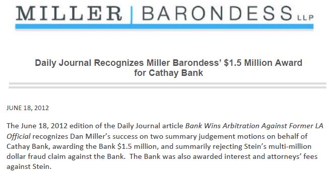 Daily Journal Recognizes Miller Barondess’ $1.5 Million Award for Cathay Bank