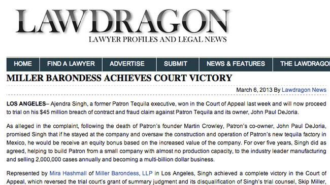 Miller Barondess Wins Appeal and Will Proceed to Trial in a $45 Million Claim Against Patron Tequila