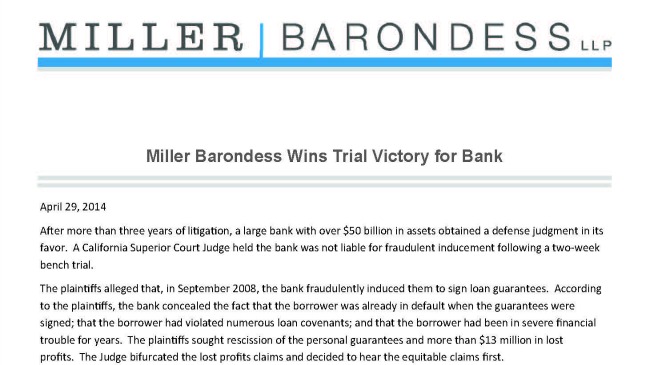 Miller Barondess Wins Trial Victory for Bank