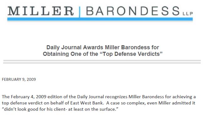 Daily Journal Awards Miller Barondess for Obtaining One of the “Top Defense Verdicts”